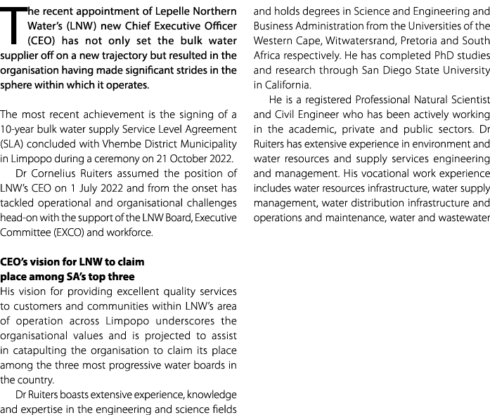 The recent appointment of Lepelle Northern Water’s (LNW) new Chief Executive Officer (CEO) has not only set the bulk ...