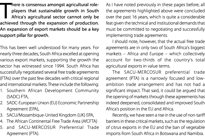There is consensus amongst agricultural role players that sustainable growth in South Africa's agricultural sector ca...