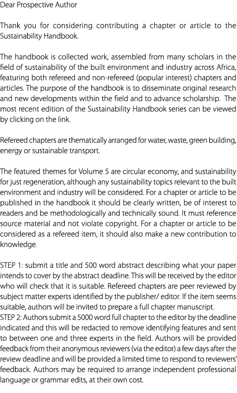 Dear Prospective Author Thank you for considering contributing a chapter or article to the Sustainability Handbook. T...
