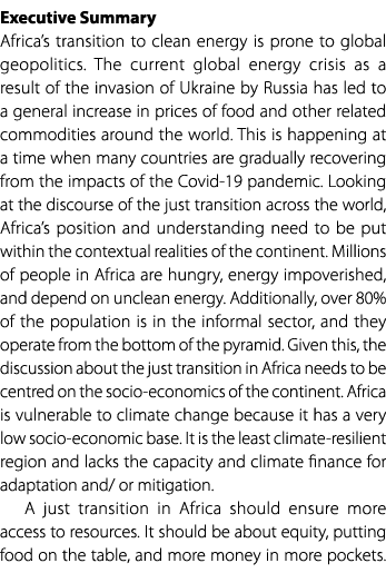 Executive Summary Africa’s transition to clean energy is prone to global geopolitics. The current global energy crisi...