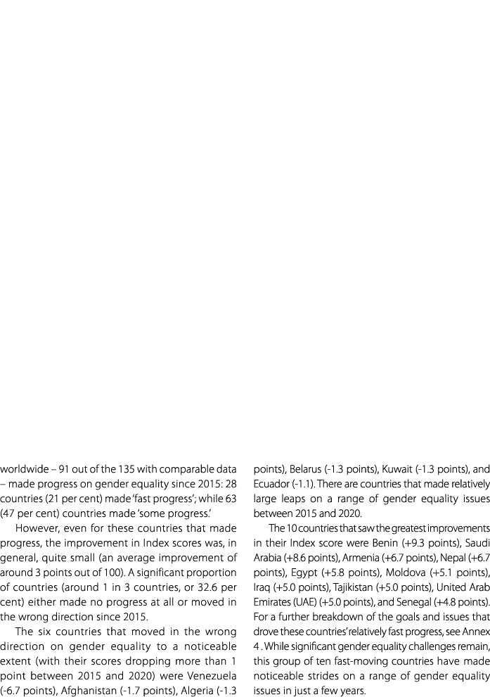 worldwide – 91 out of the 135 with comparable data – made progress on gender equality since 2015: 28 countries (21 pe...