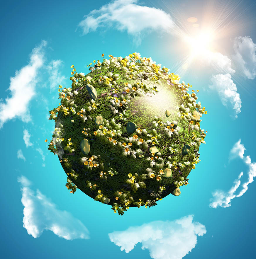 3D render of a background with globe of buttercups and daisies on blue sky with circling clouds