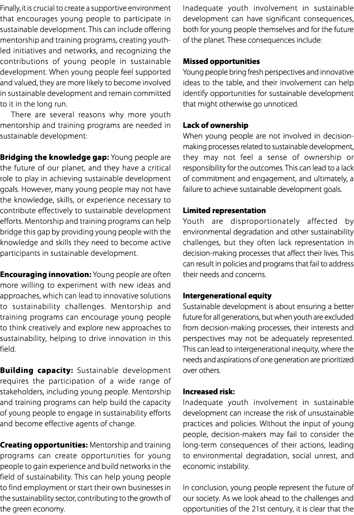 Finally, it is crucial to create a supportive environment that encourages young people to participate in sustainable ...