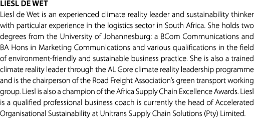 Liesl De Wet Liesl de Wet is an experienced climate reality leader and sustainability thinker with particular experie...