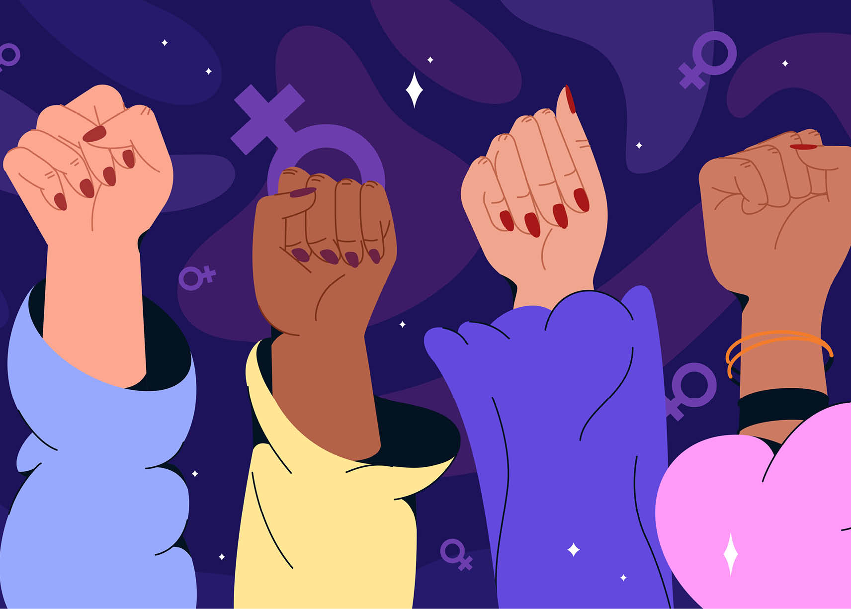 Flat women hands different nationalities with feminism fists raised up. Gender equality, feminist movement, protest or revolution concept. Fist gesture symbol of strength, woman rights or female power