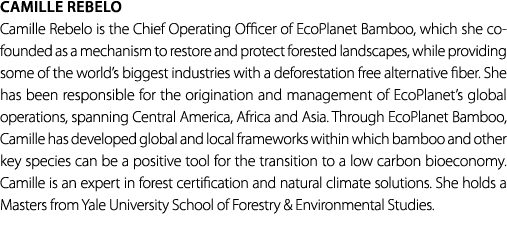 Camille Rebelo Camille Rebelo is the Chief Operating Officer of EcoPlanet Bamboo, which she co founded as a mechanism...