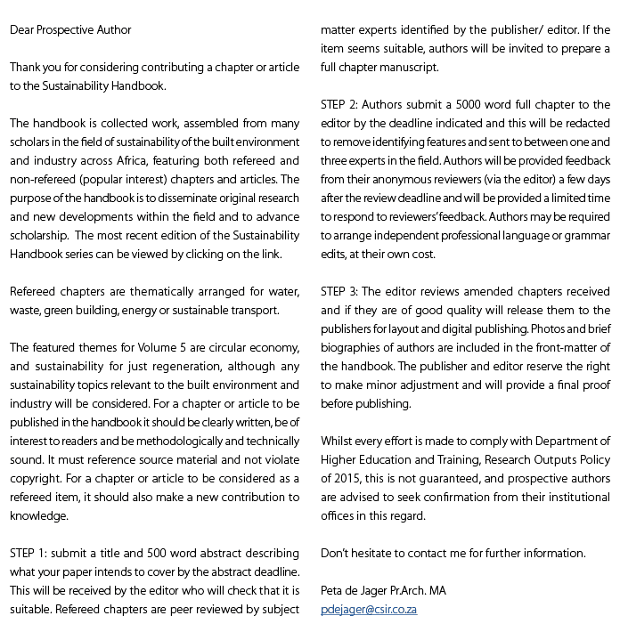 Dear Prospective Author Thank you for considering contributing a chapter or article to the Sustainability Handbook. T...