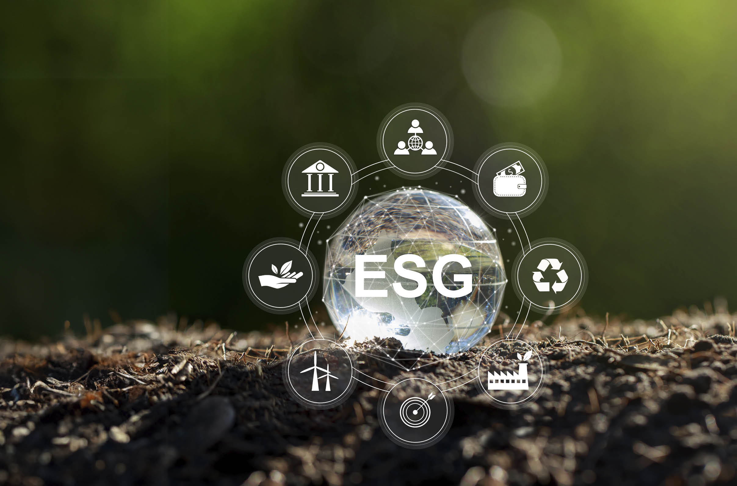 ESG concept of environmental, social, and governance. crystal globe with an ESG icon around it.The idea for sustainable organizational development. ​account the environment, society,                 