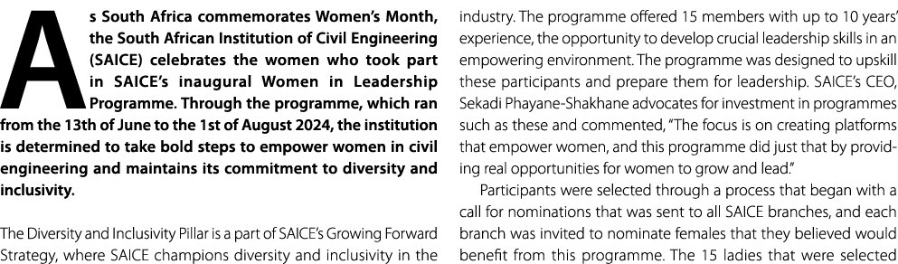 As South Africa commemorates Women’s Month, the South African Institution of Civil Engineering (SAICE) celebrates the...