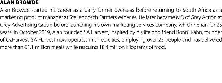 Alan Browde Alan Browde started his career as a dairy farmer overseas before returning to South Africa as a marketing...