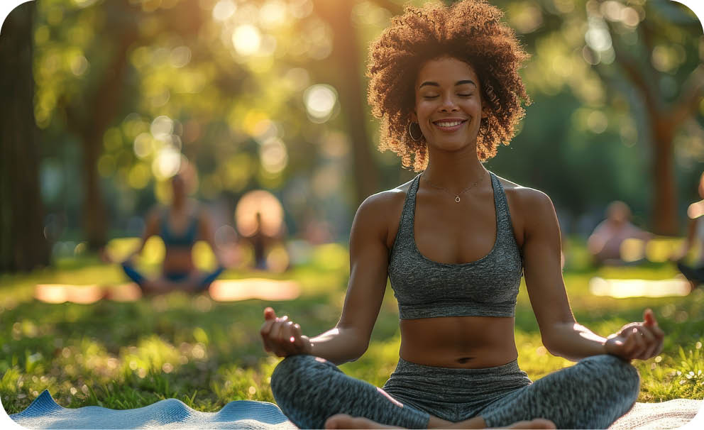 In a park, a woman is seated in a lotus position on a yoga mat, enjoying the morning sunlight and nature. She looks happy and relaxed