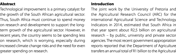 Abstract Technological improvement is a primary catalyst for the growth of the South African agricultural sector. Thu...
