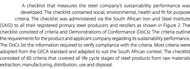 A checklist that measures the steel company’s sustainability performance was developed. The checklist contained socia...