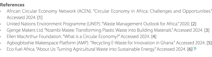 References • African Circular Economy Network (ACEN). “Circular Economy in Africa: Challenges and Opportunities.” Acc...