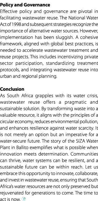 Policy and Governance Effective policy and governance are pivotal in facilitating wastewater reuse. The National Wate...
