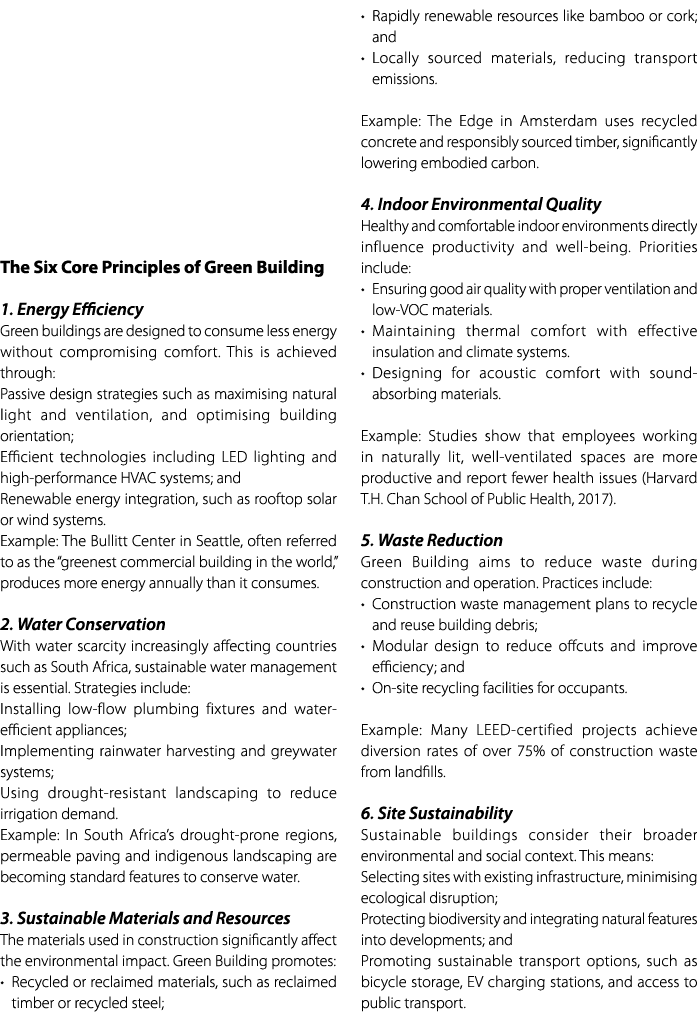 The Six Core Principles of Green Building 1. Energy Efficiency Green buildings are designed to consume less energy wi...