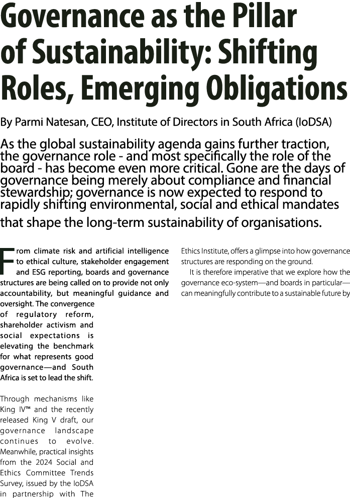 Governance as the Pillar of Sustainability: Shifting Roles, Emerging Obligations By Parmi Natesan, CEO, Institute of ...