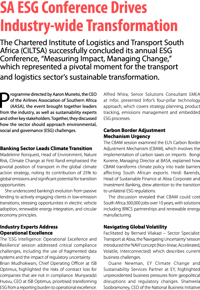 SA ESG Conference Drives Industry wide Transformation The Chartered Institute of Logistics and Transport South Africa...