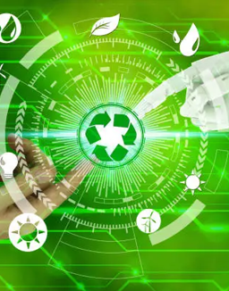 Robot and human hands with touching virtual recycle and environment icons over the network connection on nature background, Artificial Intelligence and Technology ecology concept