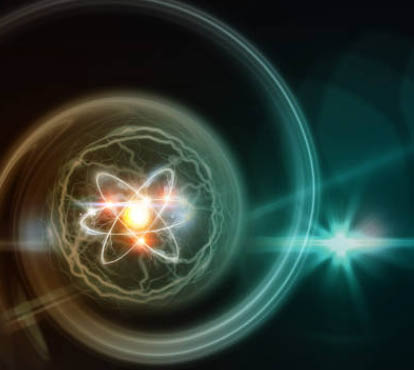 A futuristic illustration of an atomic structure with glowing electron orbits, set against a dark background, representing advanced concepts in physics and energy.
