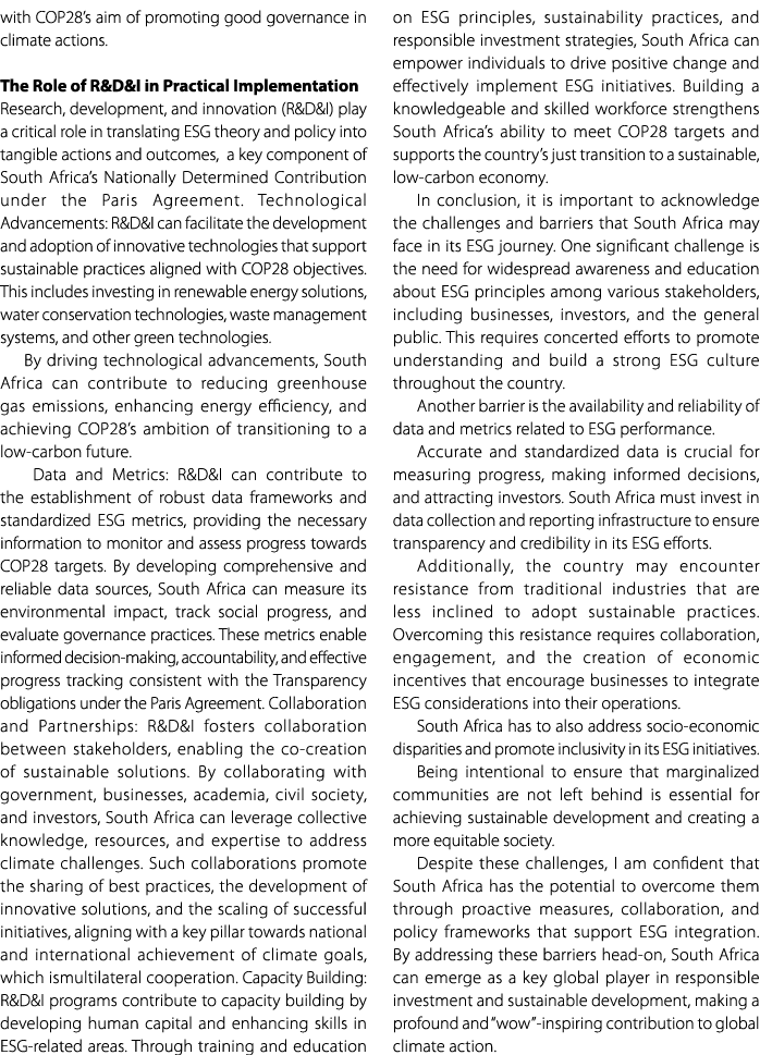 with COP28’s aim of promoting good governance in climate actions. The Role of R&D&I in Practical Implementation Resea...