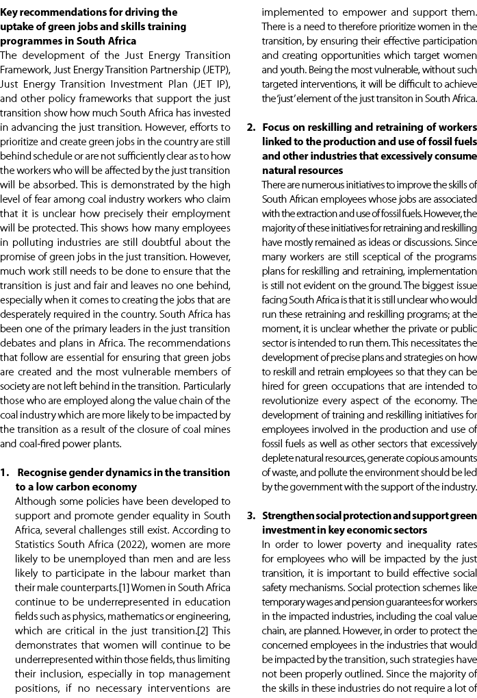 Key recommendations for driving the uptake of green jobs and skills training programmes in South Africa The developme...