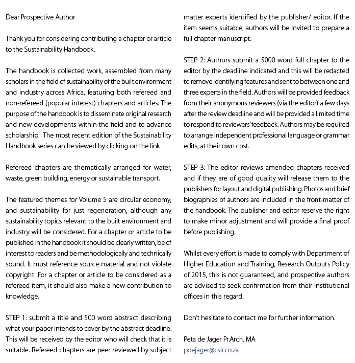 Dear Prospective Author Thank you for considering contributing a chapter or article to the Sustainability Handbook. T...