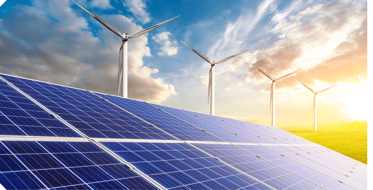 Solar panels with wind turbines in the setting sun,green energy.