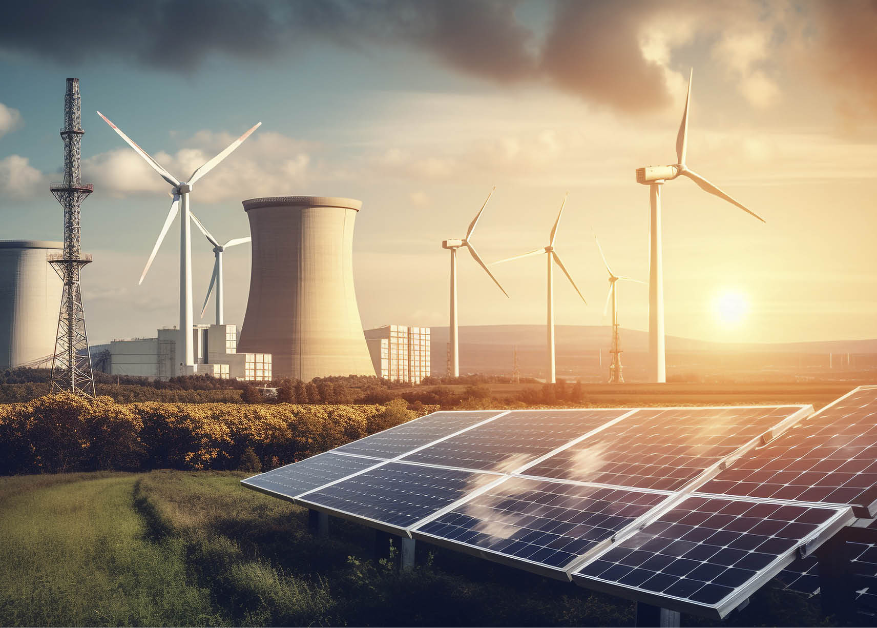 Sunset sky powers wind and solar energy generated by artificial intelligence