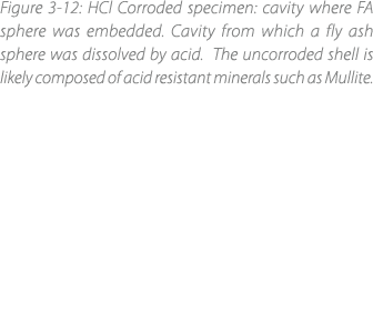 Figure 3 12: HCl Corroded specimen: cavity where FA sphere was embedded. Cavity from which a fly ash sphere was disso...