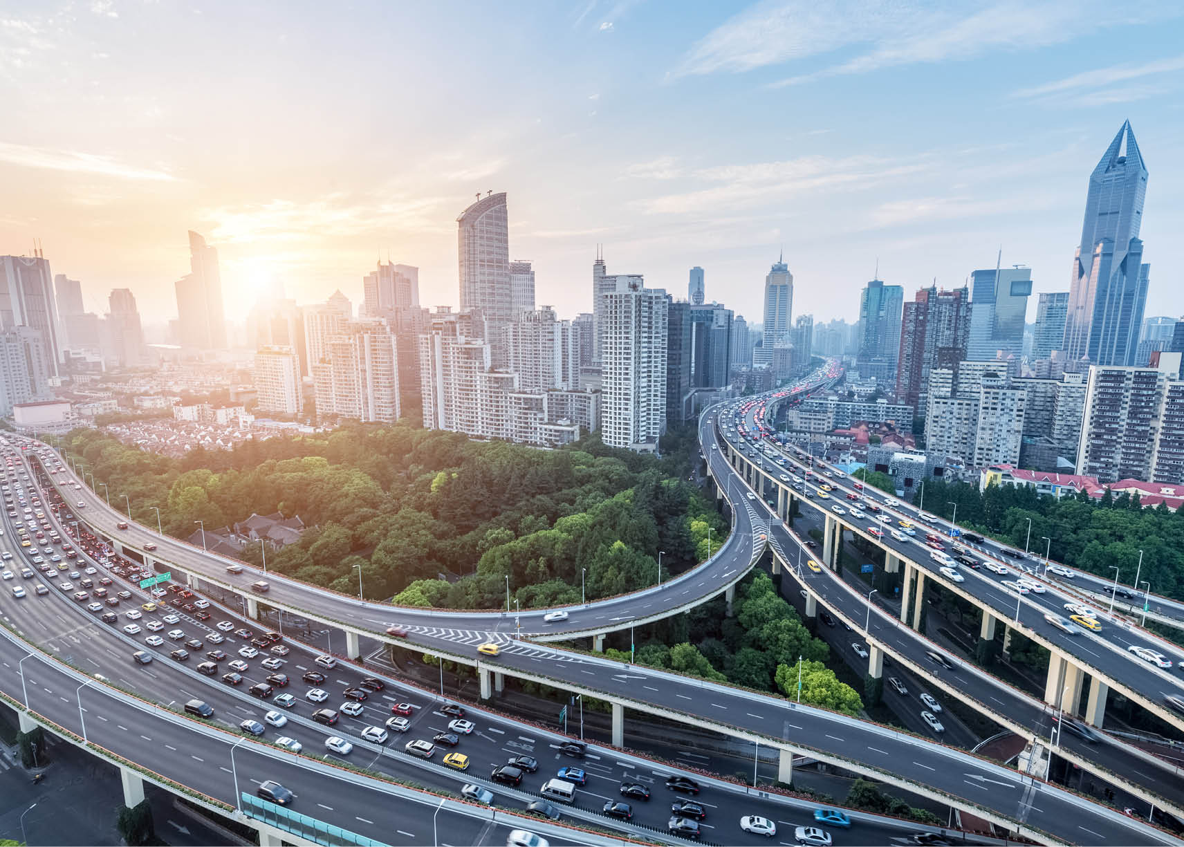 city viaduct in rush hour, shanghai cityscape at dusk
