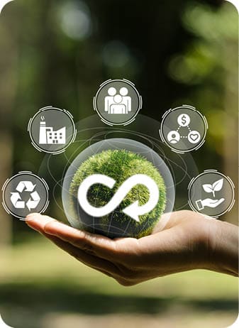 Hand of human holding green earth circular economy icon. Circulating in an endless cycle, Business and world sustainable environment concept. 