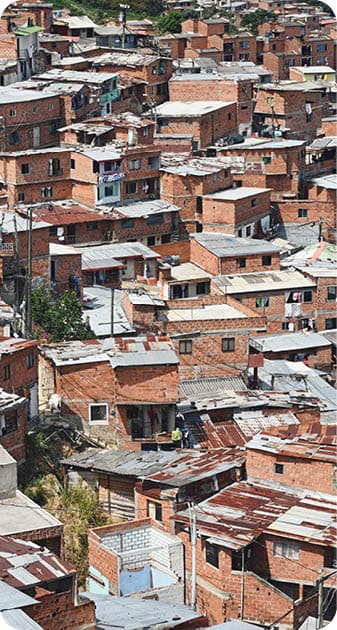 A beautiful aerial shot of the buildings in the Comuna 13 Slum in Medellin, Colombia