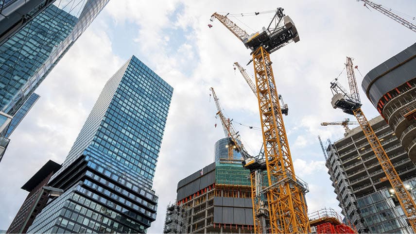 Construction works of multiple modern buildings and skyscrapers in Frankfurt downtown, Germany