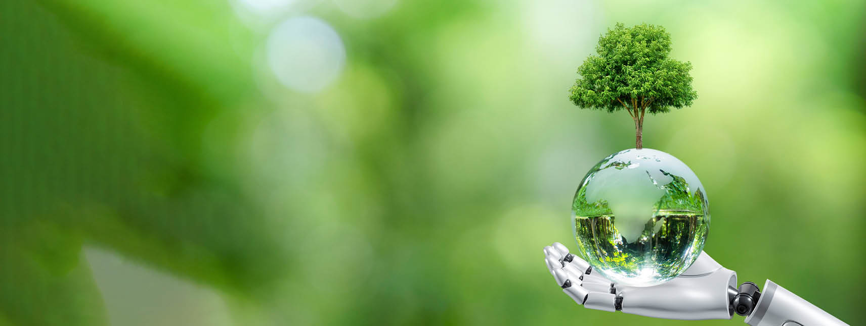Earth crystal glass globe ball and tree in robot hand saving the environment, save a clean planet, ecology concept. technology science of environment concept for the development of sustainability. 