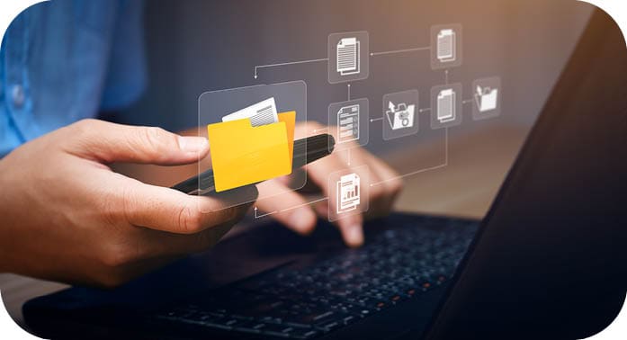 Document Management System concept. Enterprise content management, Digital asset management, Document imaging, Workflow, Records management, Online document file data software for efficient archiving.