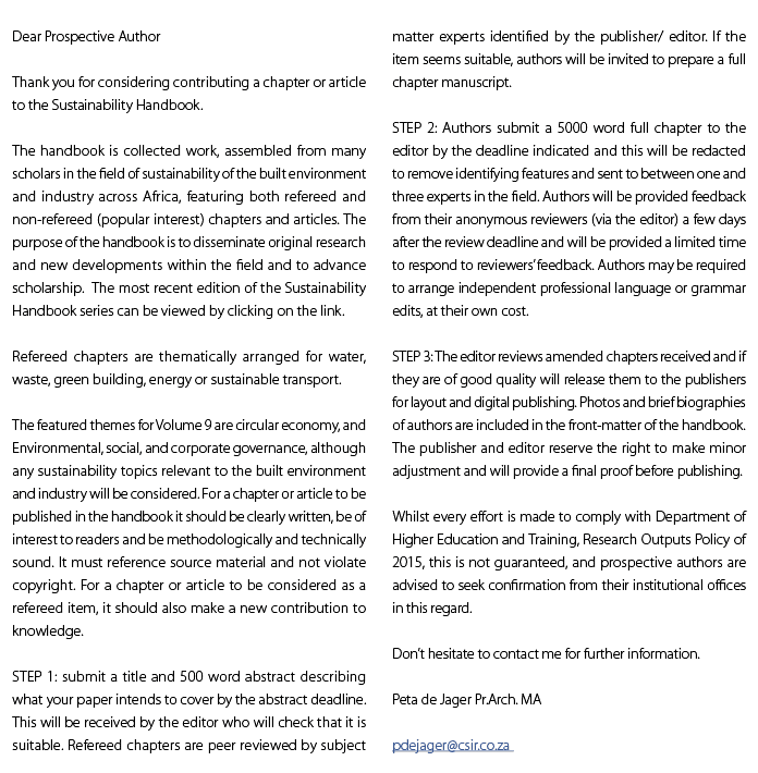 Dear Prospective Author Thank you for considering contributing a chapter or article to the Sustainability Handbook. T...