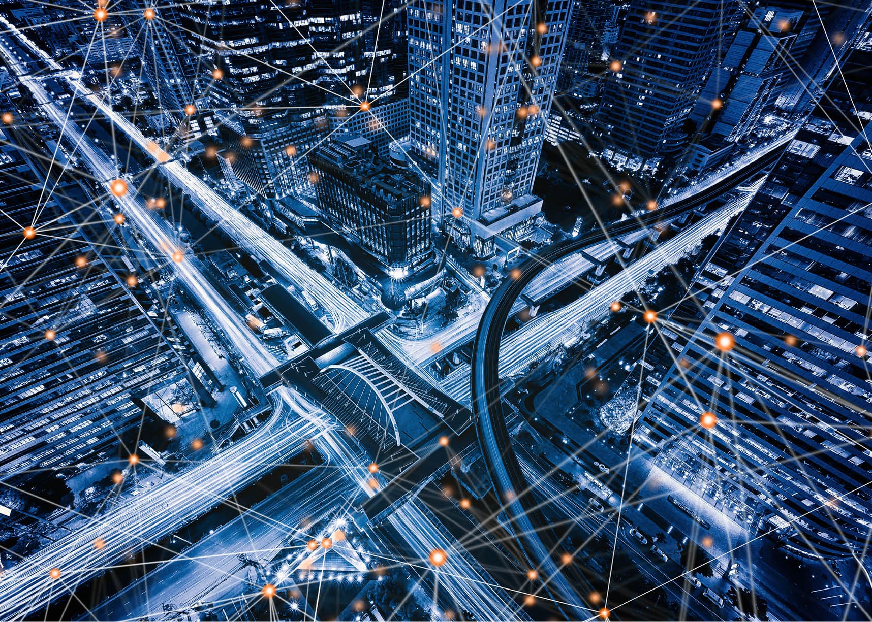 Digital network connection lines of Sathorn intersection, Bangkok Downtown, Thailand. Financial district and business centers in smart urban city in Asia. Skyscraper and high-rise buildings at night.