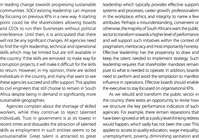 in leading change towards progressing sustainable communities. SOCs’ existing leadership can improve by focusing on p...