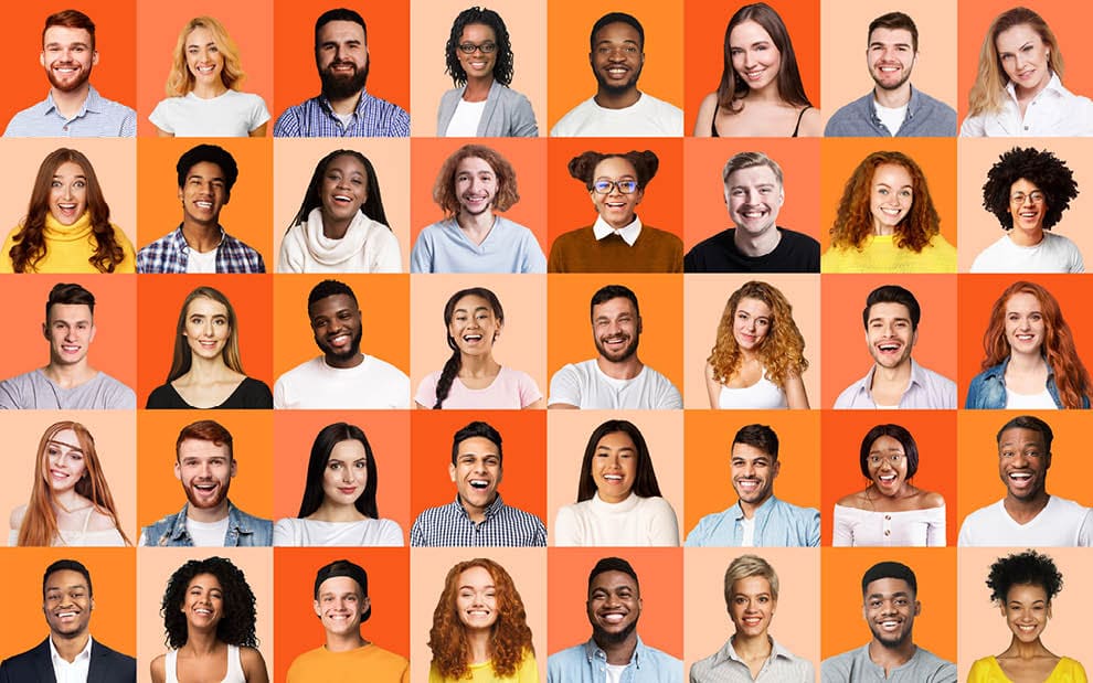 Smiling faces. Mosaic of group of diverse millennial people, portraits on colorful studio backgrounds