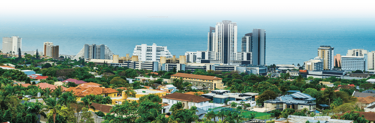 Aerial view uMhlanga suburb and seaside skyline during sunset in KwaZulu-Natal, South Africa